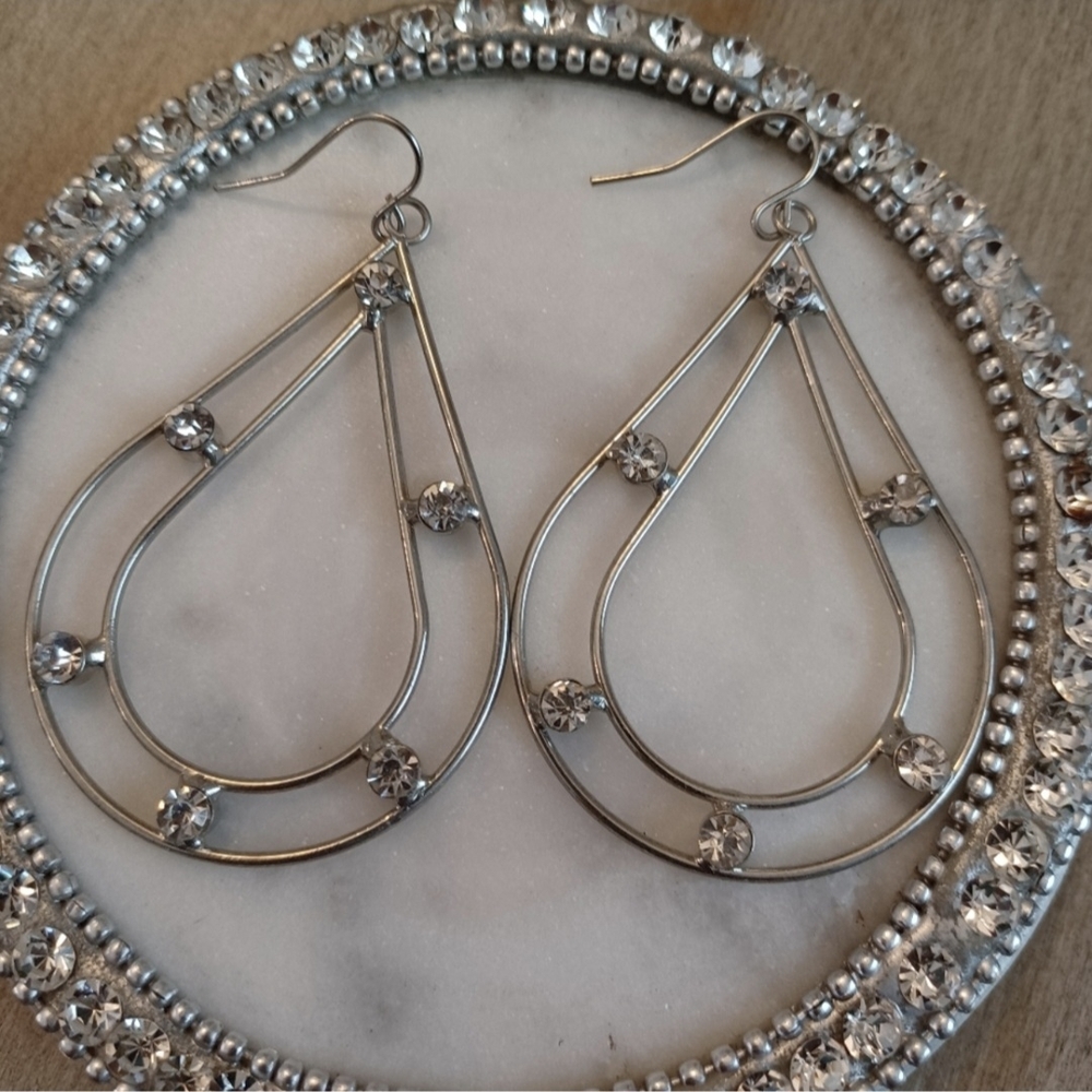 Silver Open Teardrop Rhinestone Earrings - Picture 1 of 2